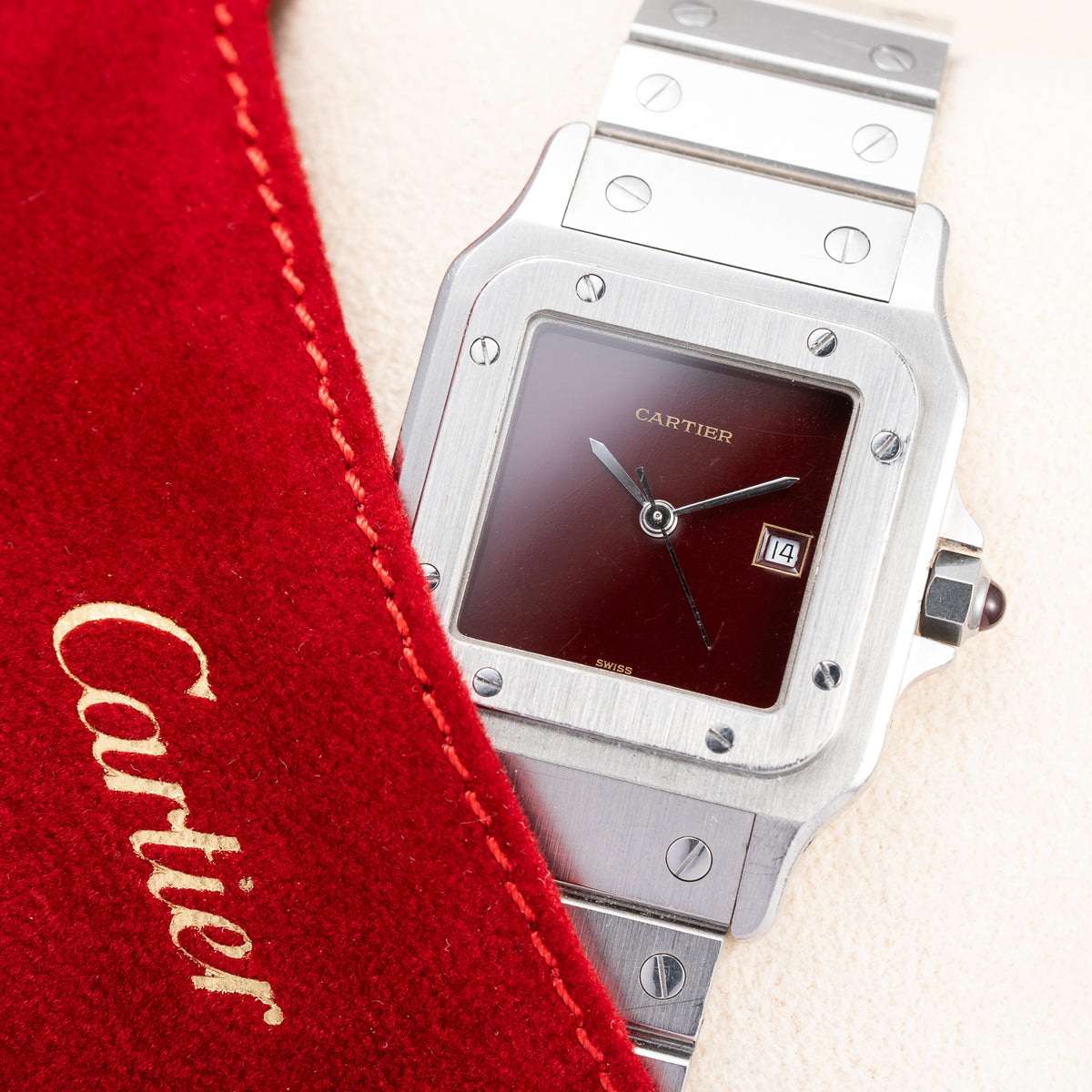 Cartier Santos Carrée Burgundy Red 'Swiss' Only GM Automatic Ref. 2960 From 1980s