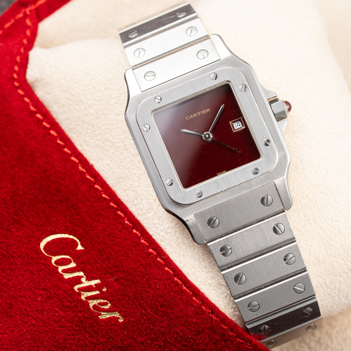 Cartier Santos Carrée Burgundy Red 'Swiss' Only GM Automatic Ref. 2960 From 1980s