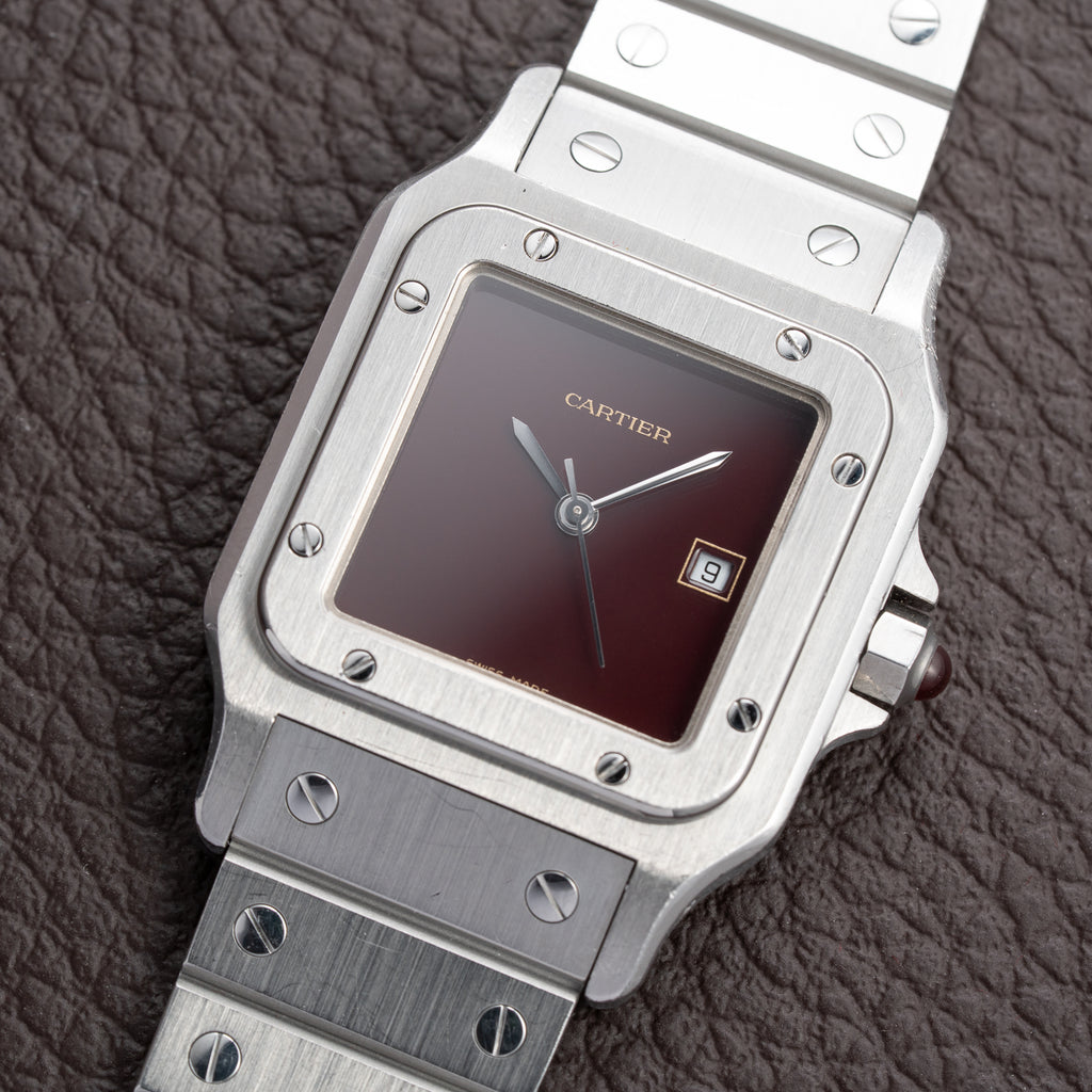 Cartier Santos Carrée Burgundy Red Automatic GM w/ Cartier Service 2026 Ref 2960 from 1980s