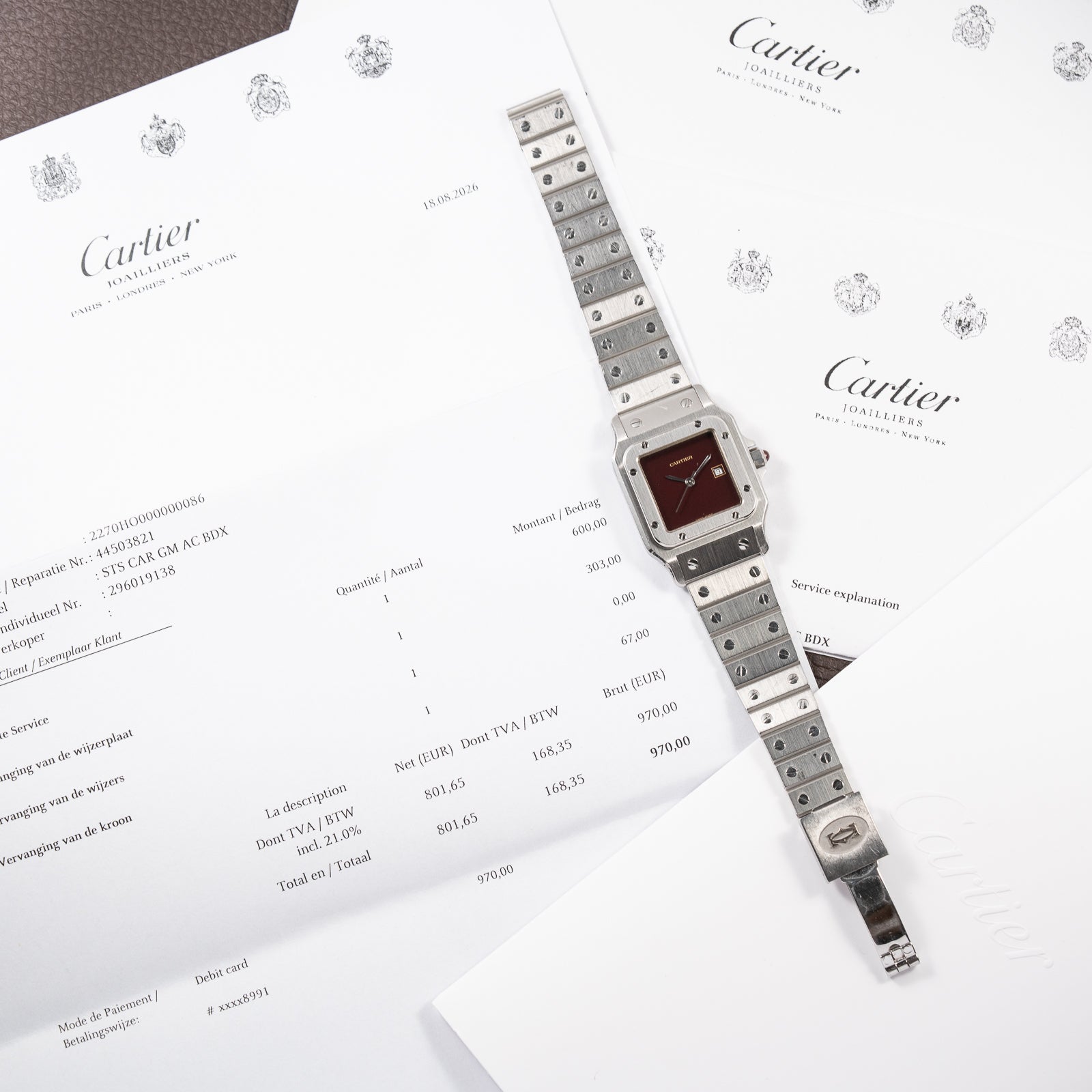Cartier Santos Carrée Burgundy Red Automatic GM w/ Cartier Service 2026 Ref 2960 from 1980s