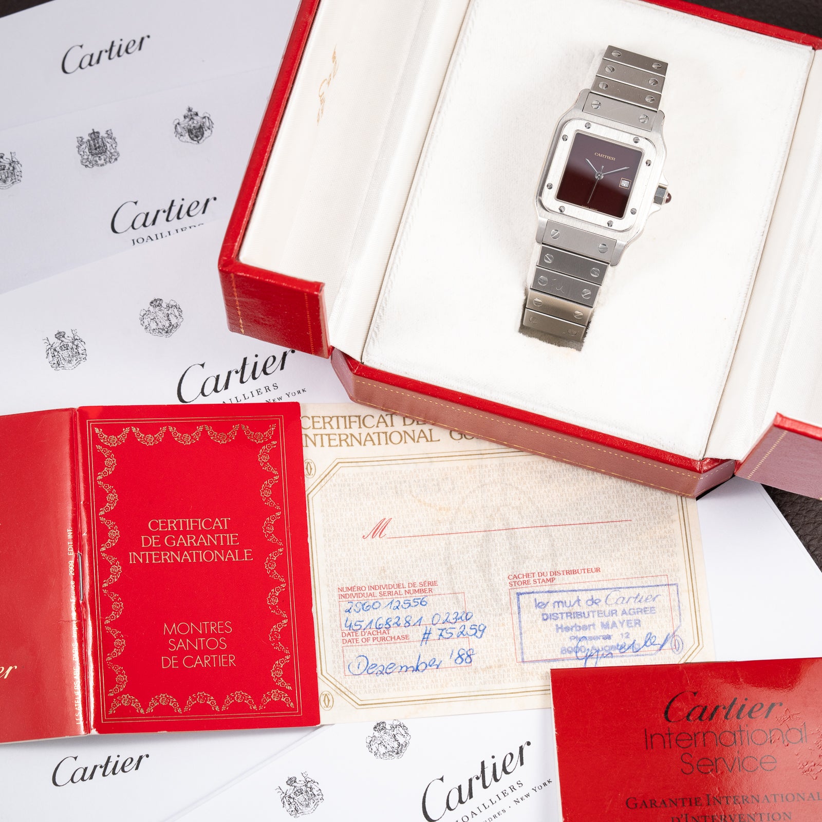Cartier Santos Carrée Burgundy Red "Grenade" Full Set 1988 with Cartier Serviced 2026 Ref. 2960