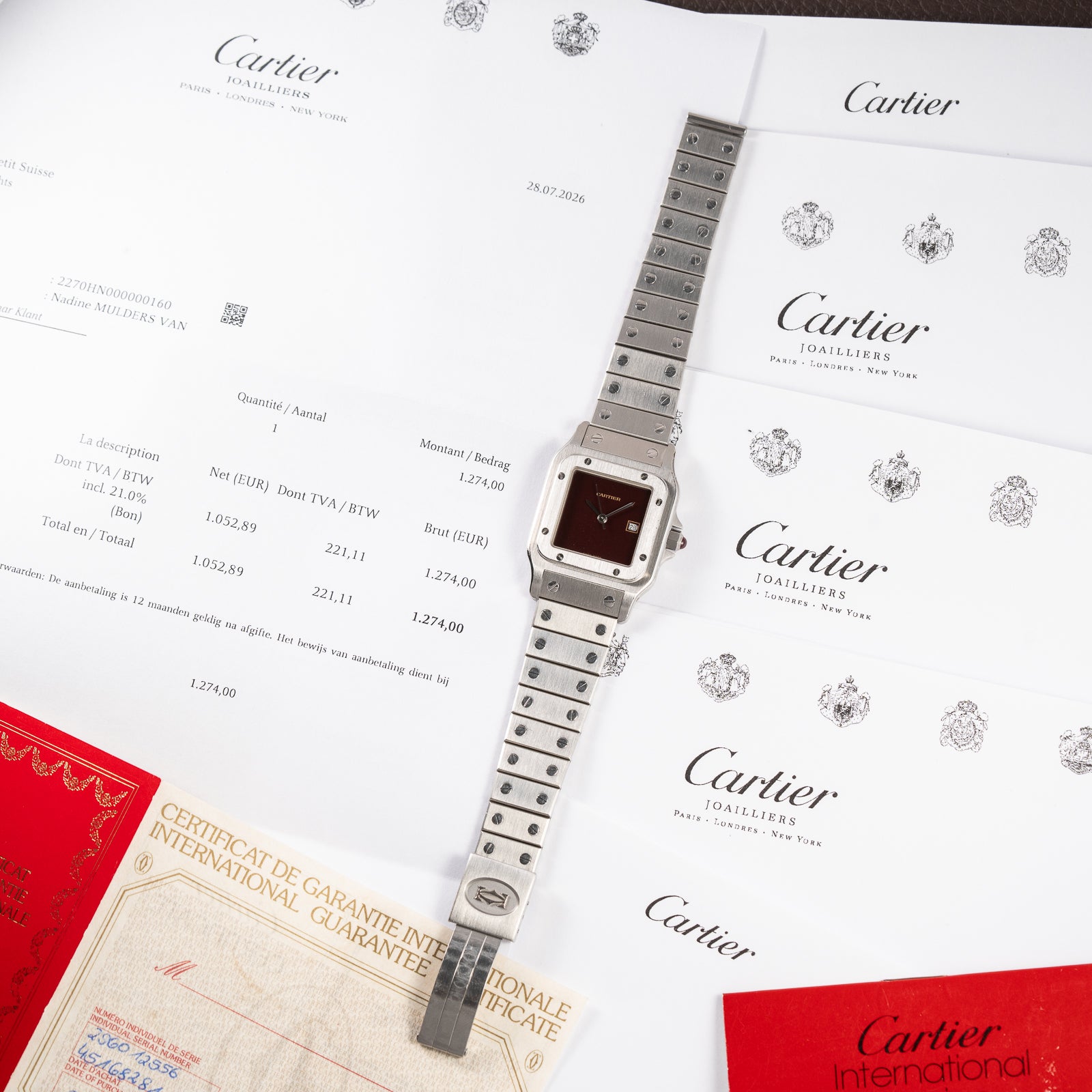 Cartier Santos Carrée Burgundy Red "Grenade" Full Set 1988 with Cartier Serviced 2026 Ref. 2960