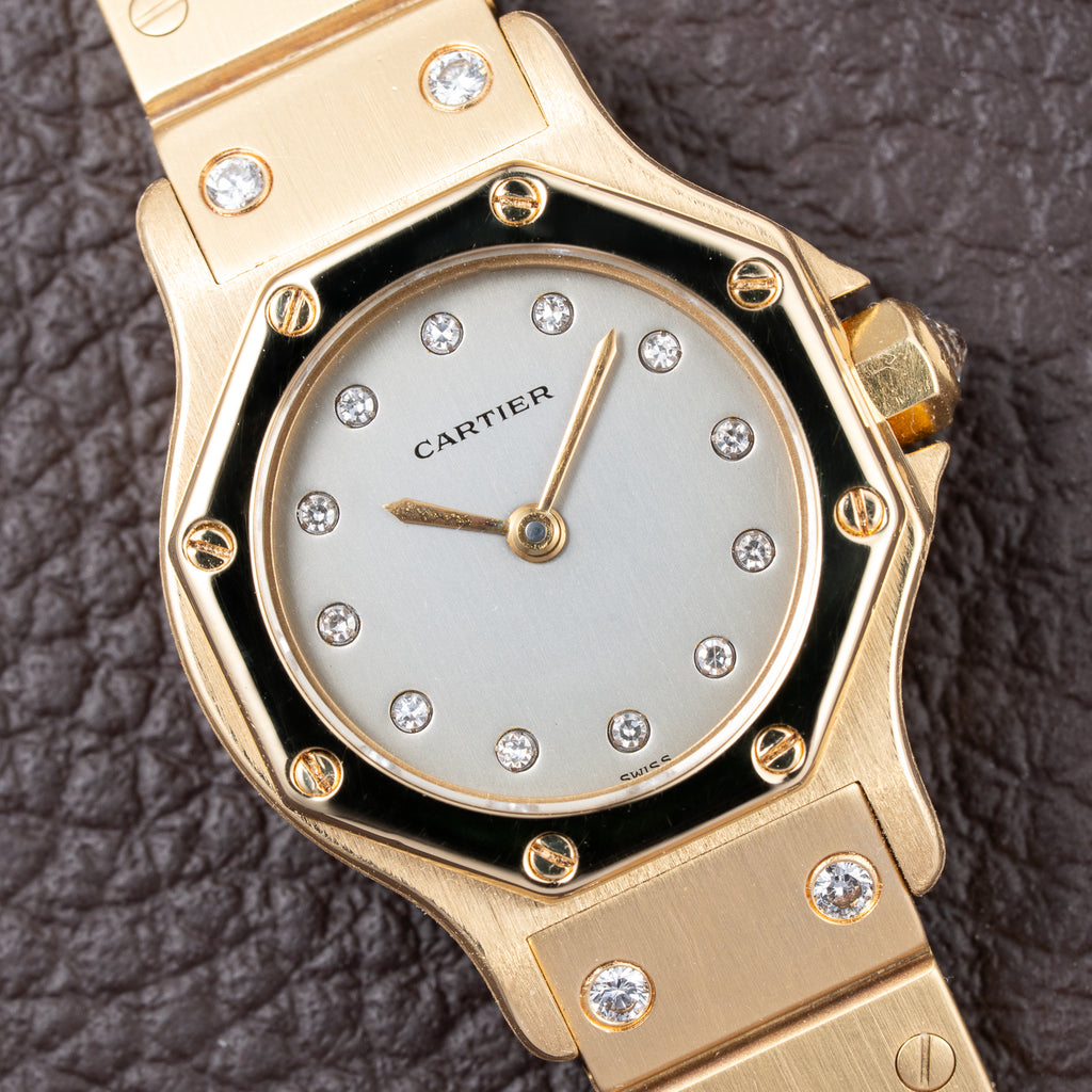 Cartier Santos Octagon Factory Diamond set Automatic PM 18k yellow gold Ref 0906 from 1980s