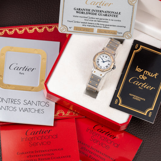 Cartier Santos Octagon Gold Steel Automatic Full Set Box Papers PM Ref 0907 from 1980