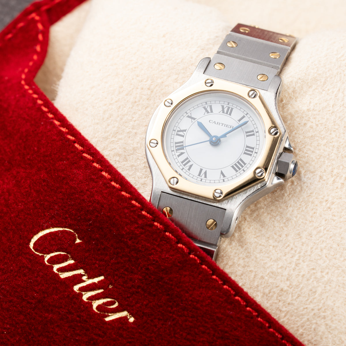 Cartier Santos Octagonal Gold Steel Automatic PM Cartier Service 2026 with 2 Year Warranty Ref 0907 from 1980s