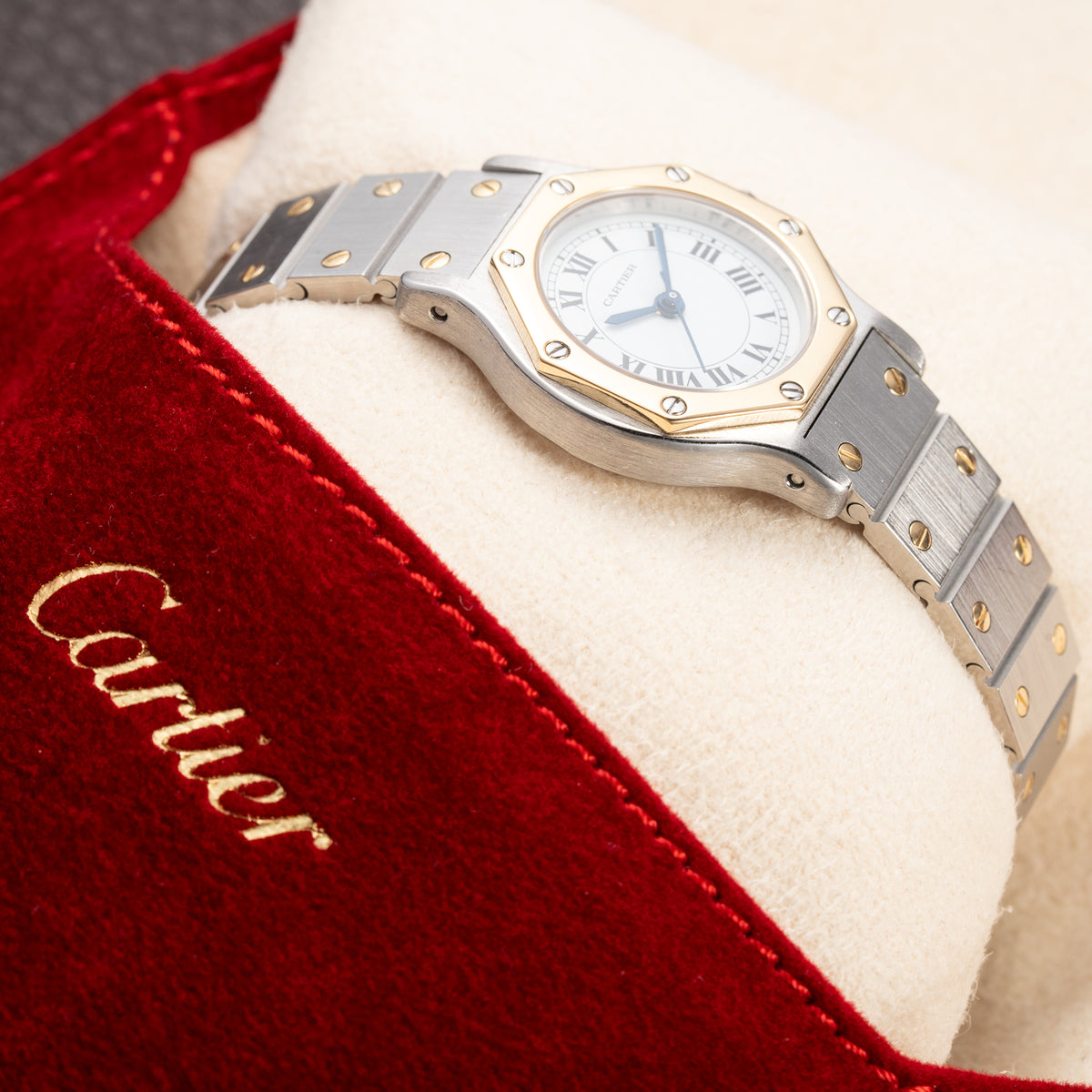 Cartier Santos Octagonal Gold Steel Automatic PM Cartier Service 2026 with 2 Year Warranty Ref 0907 from 1980s