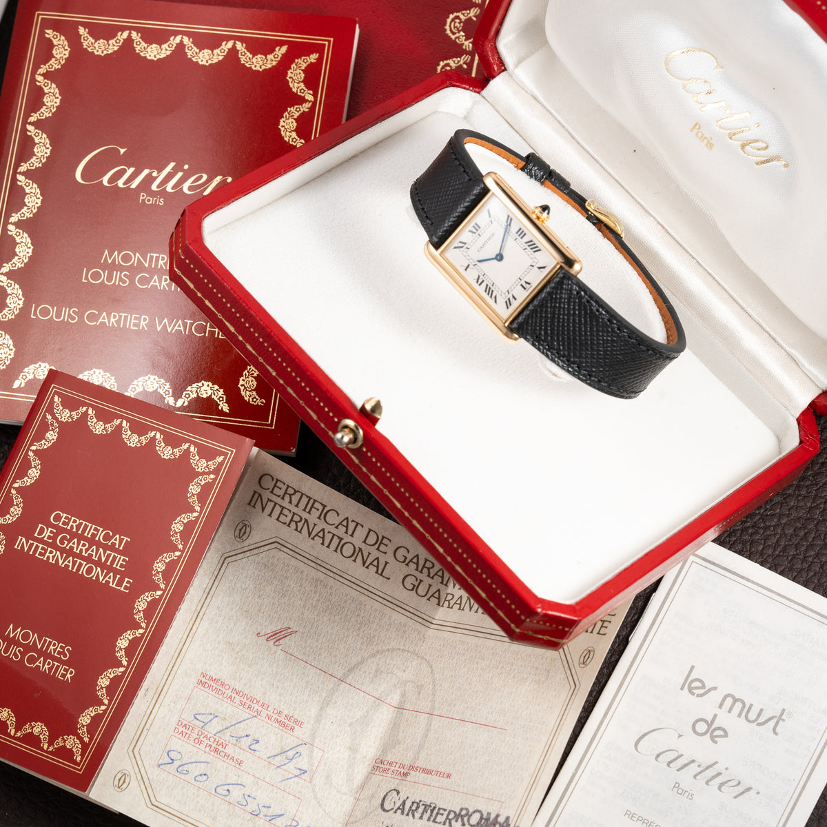 Cartier Tank Extra Plat Guilloché 18K Yellow Gold Full Set Ref 96065 from 1997