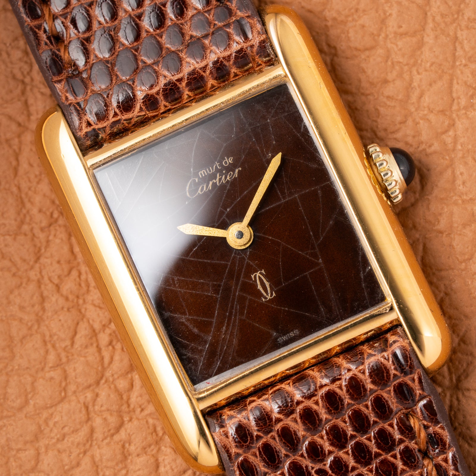 Cartier Tank Must de Vermeil ‘Turtle Shell’ Brown Wood Spider Dial PM from 1980s