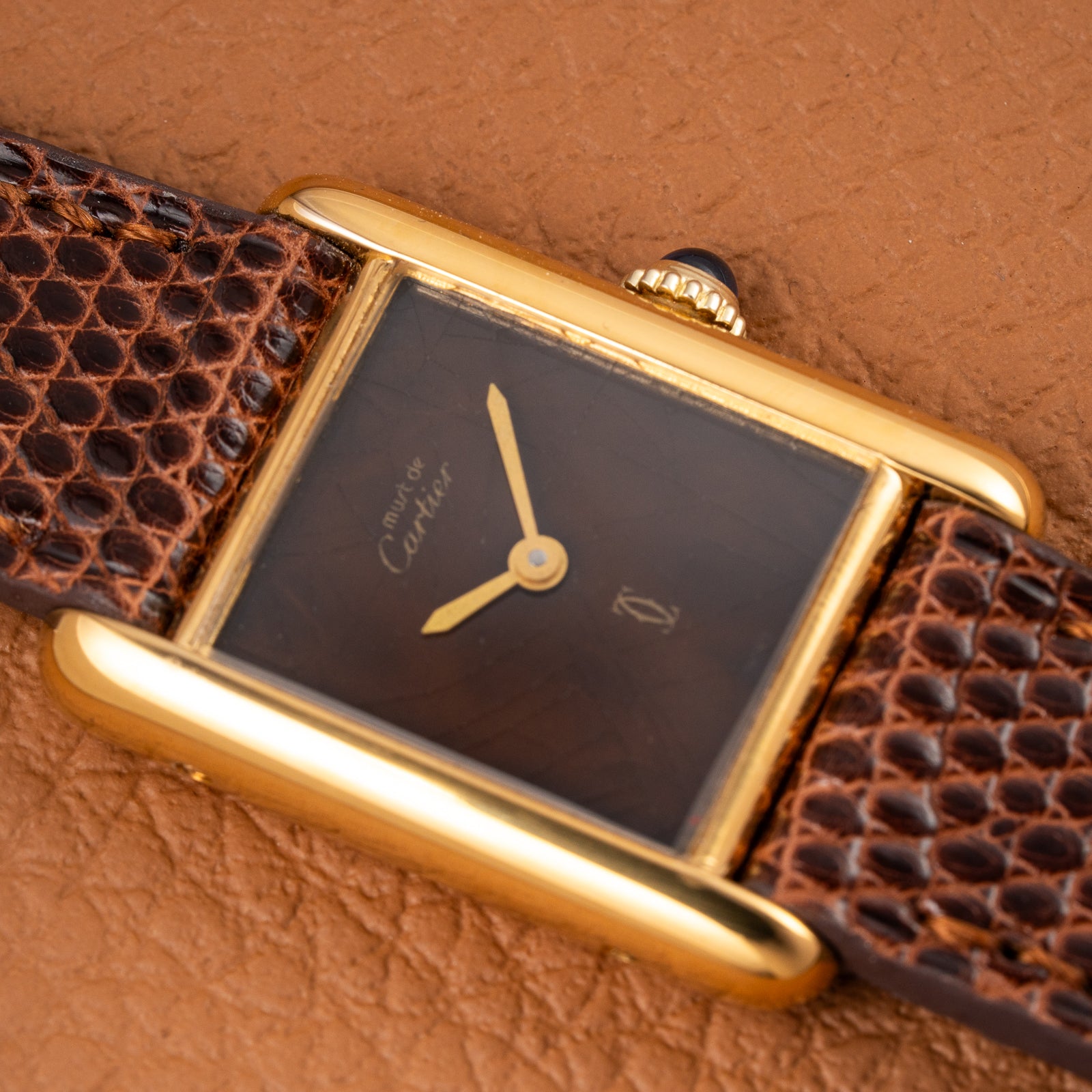 Cartier Tank Must de Vermeil ‘Turtle Shell’ Brown Wood Spider Dial PM from 1980s