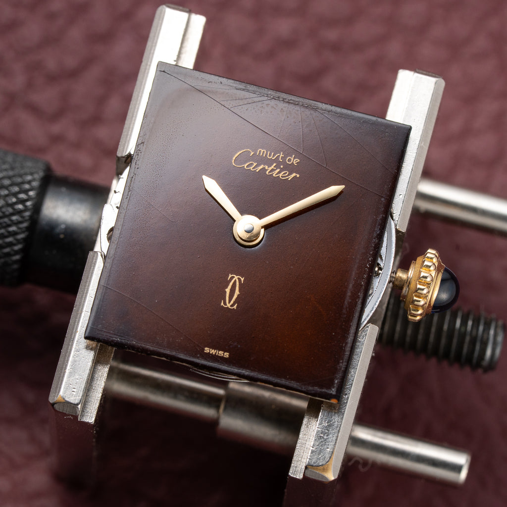 Cartier Tank Must de Vermeil ‘Turtle Shell’ Brown Wood Dial PM from 1980s
