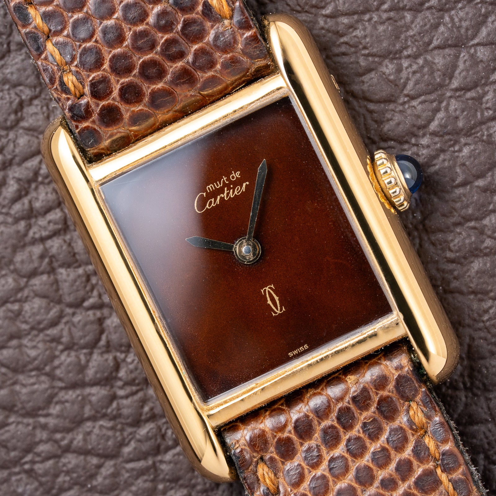 Cartier Tank Must de Vermeil ‘Turtle Shell’ Brown Wood Dial PM from 1980s