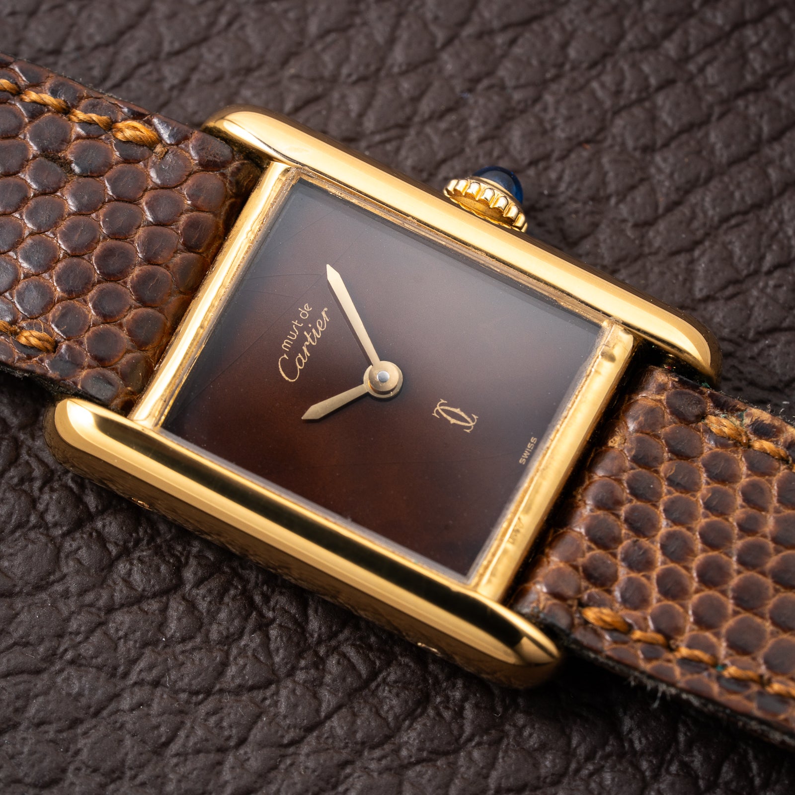 Cartier Tank Must de Vermeil ‘Turtle Shell’ Brown Wood Dial PM from 1980s