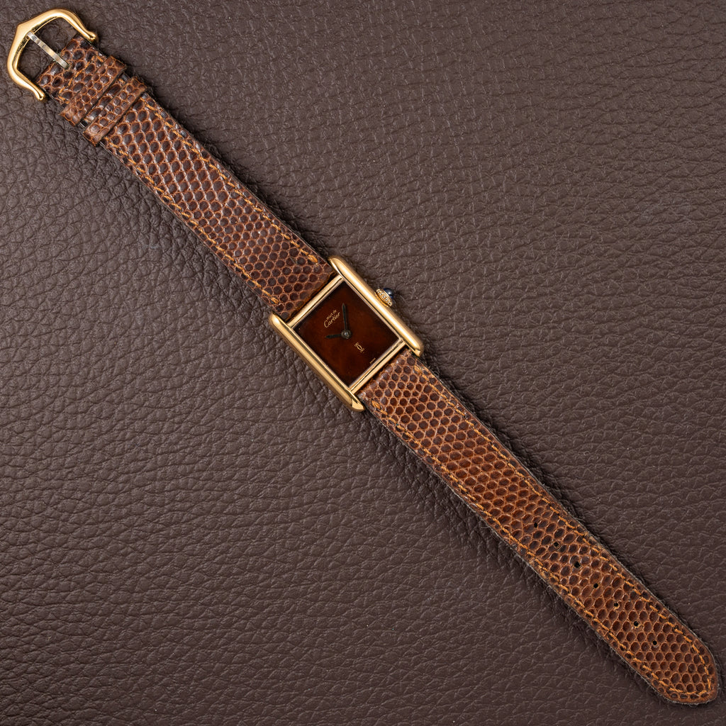 Cartier Tank Must de Vermeil ‘Turtle Shell’ Brown Wood Dial PM from 1980s