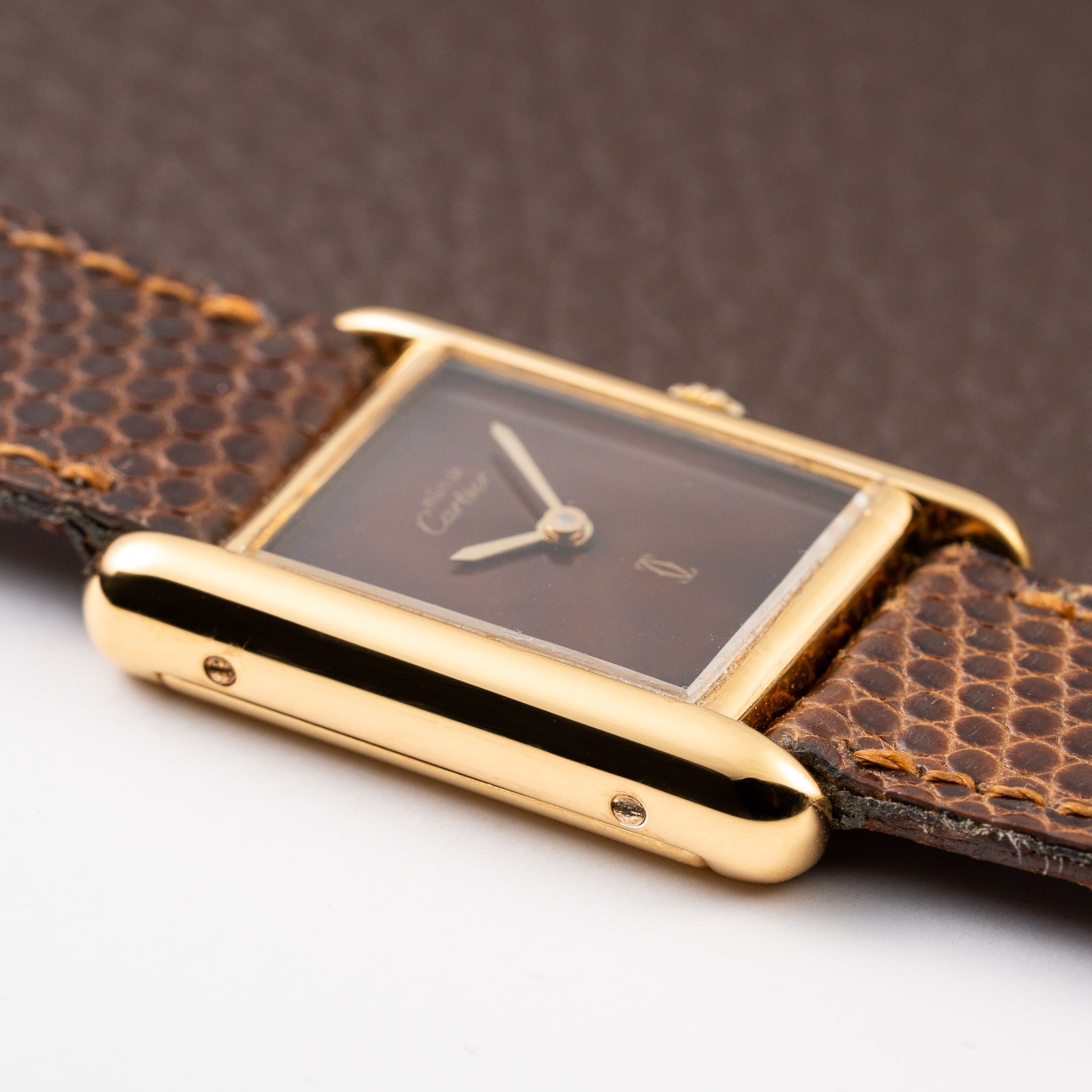 Cartier Tank Must de Vermeil ‘Turtle Shell’ Brown Wood Dial PM from 1980s