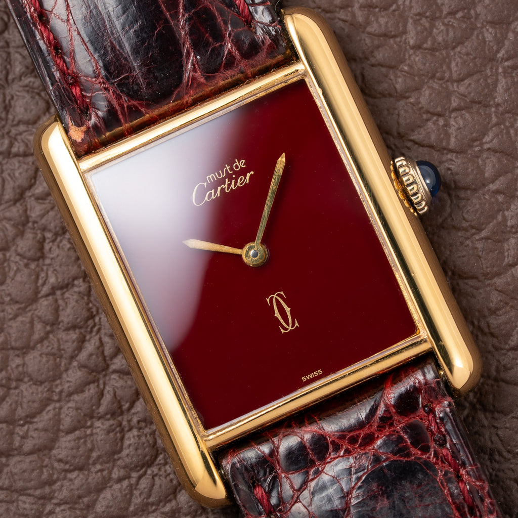 Cartier Tank Must de Vermeil Burgundy Red Dial GM from 1980s