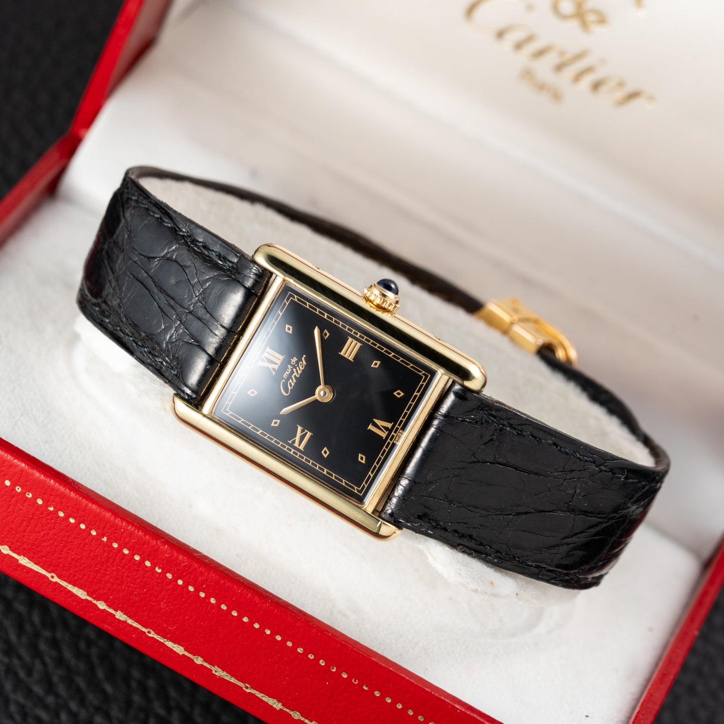 Cartier Must de Tank Vermeil Black Glossy Art Deco Dial 1990s Ref. 590005