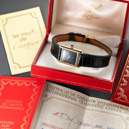 Cartier Tank Must de Vermeil Black Dial PM Full Set from 1987