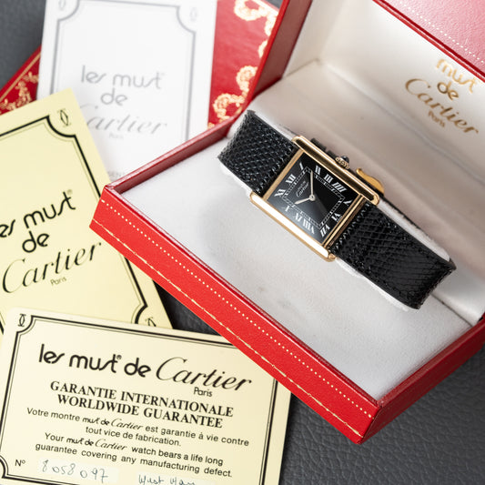 Cartier Must de Tank Vermeil Black Roman GM Full Set from 1980