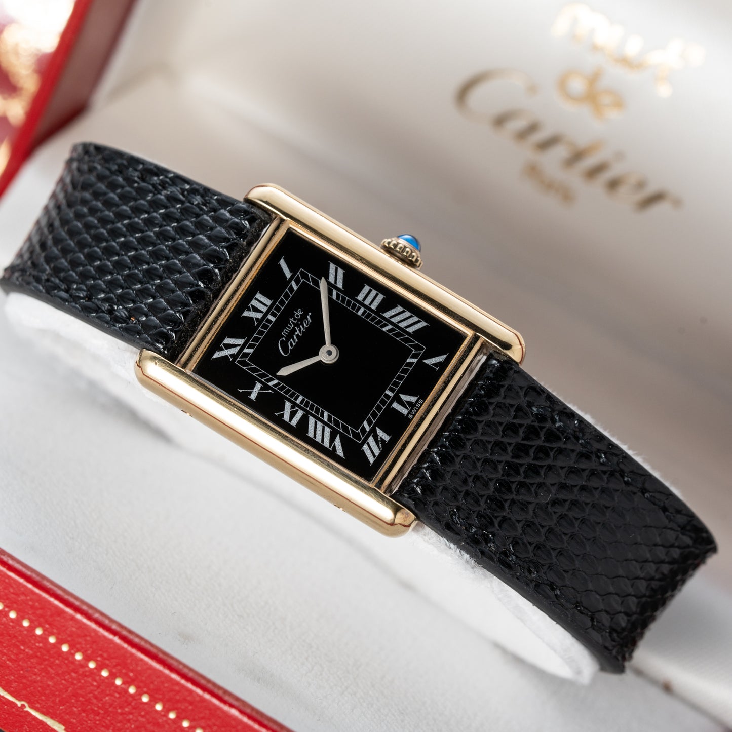 Cartier Must de Tank Vermeil Black Roman GM Full Set from 1980