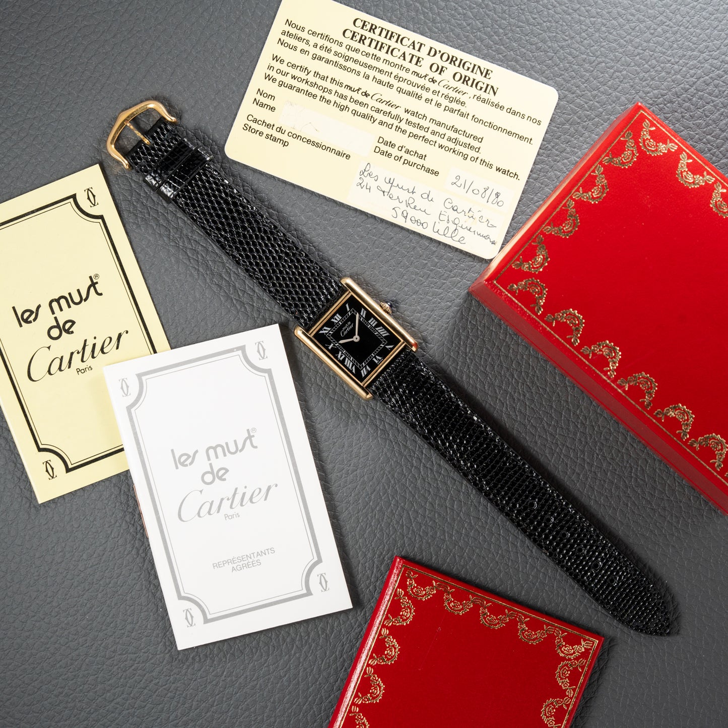 Cartier Must de Tank Vermeil Black Roman GM Full Set from 1980