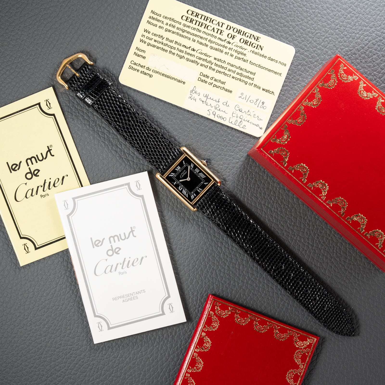 Cartier Must de Tank Vermeil Black Roman GM Full Set from 1980