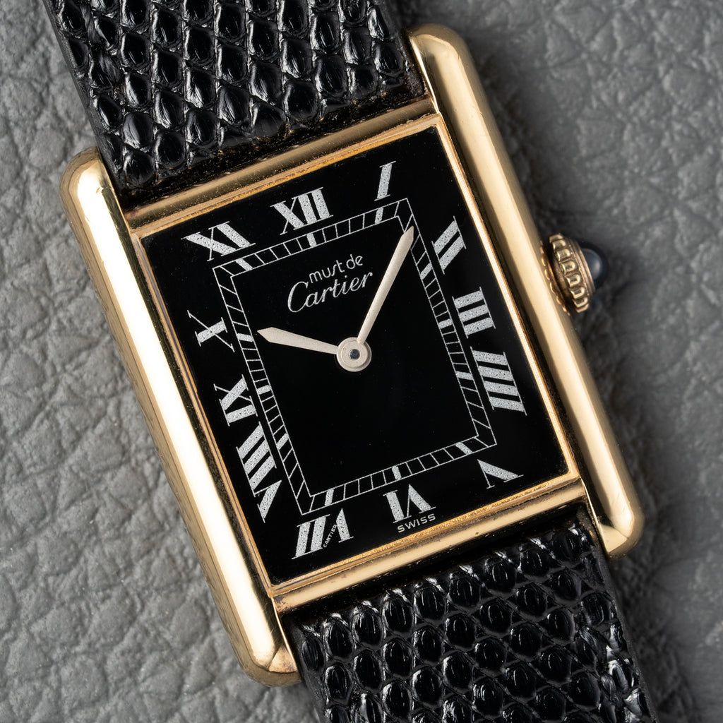 Cartier Must de Tank Vermeil Black Roman GM Full Set from 1980