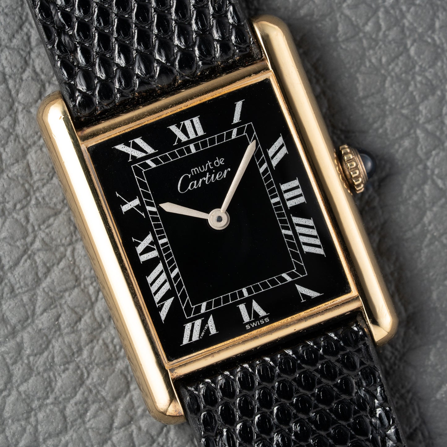 Cartier Must de Tank Vermeil Black Roman GM Full Set from 1980