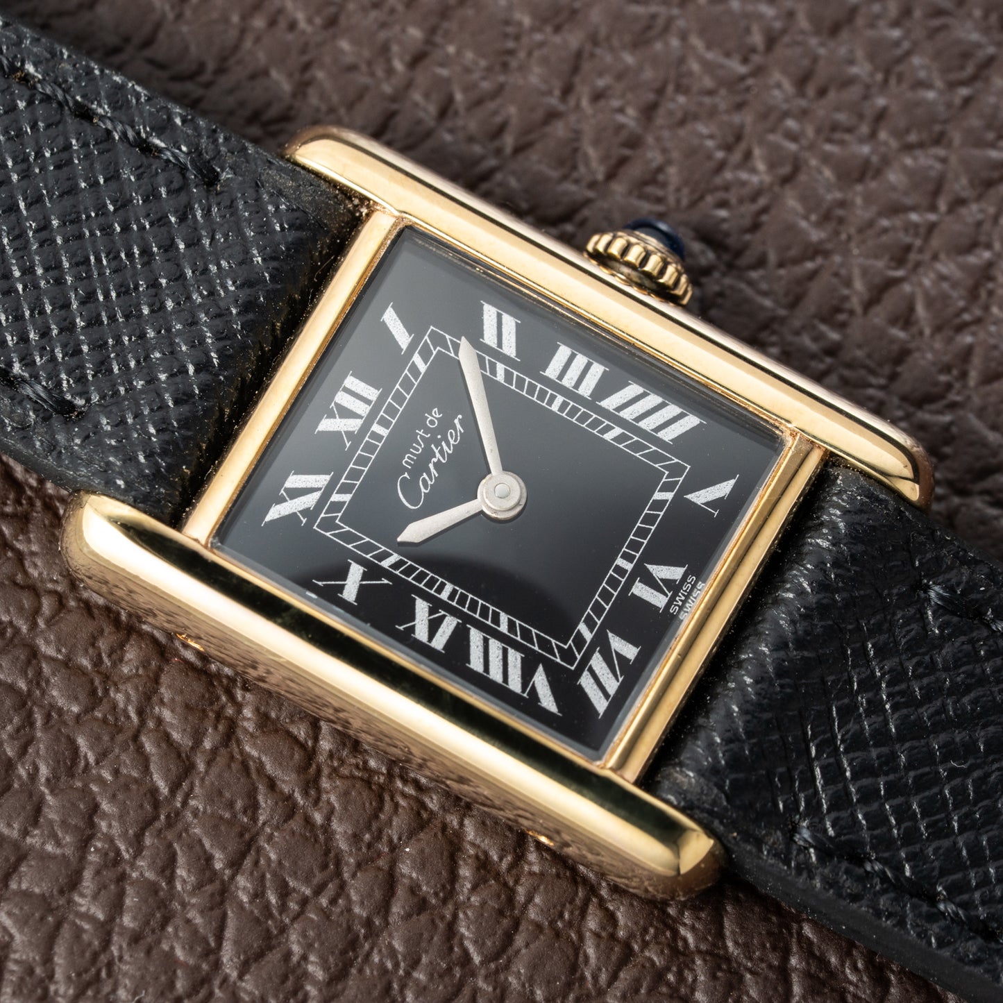 Cartier Tank Vermeil Black Roman Dial PM 1980s