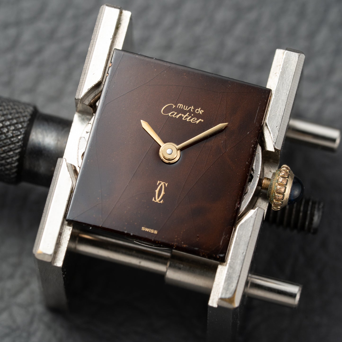 Cartier Tank Must de Vermeil 'Turtle Shell' Brown Wood Dial PM Full Set from 1978!