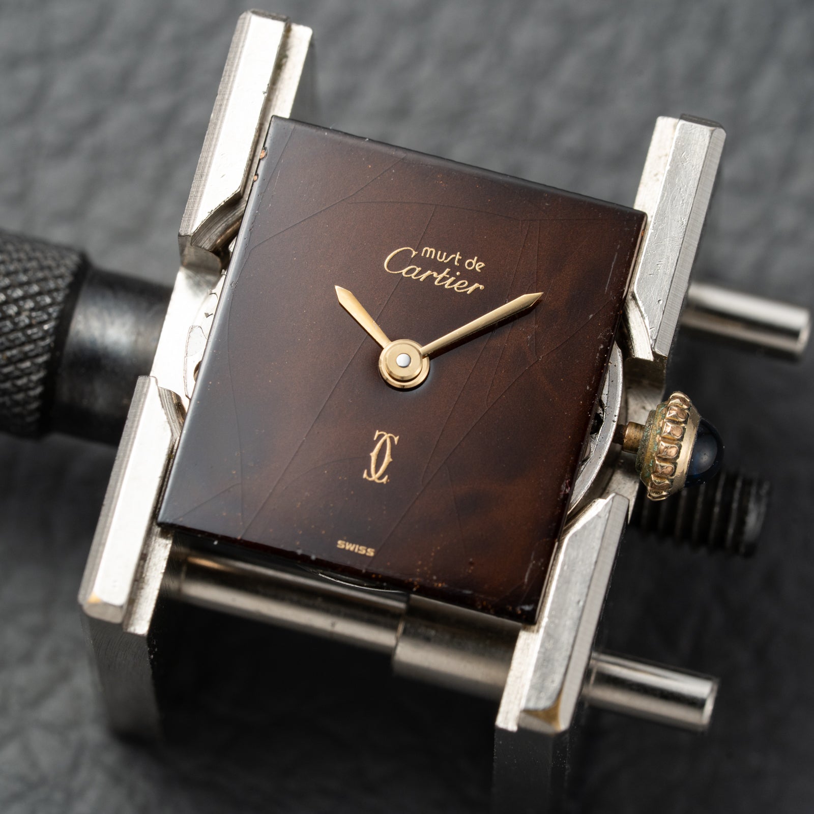 Cartier Tank Must de Vermeil 'Turtle Shell' Brown Wood Dial PM Full Set from 1978!