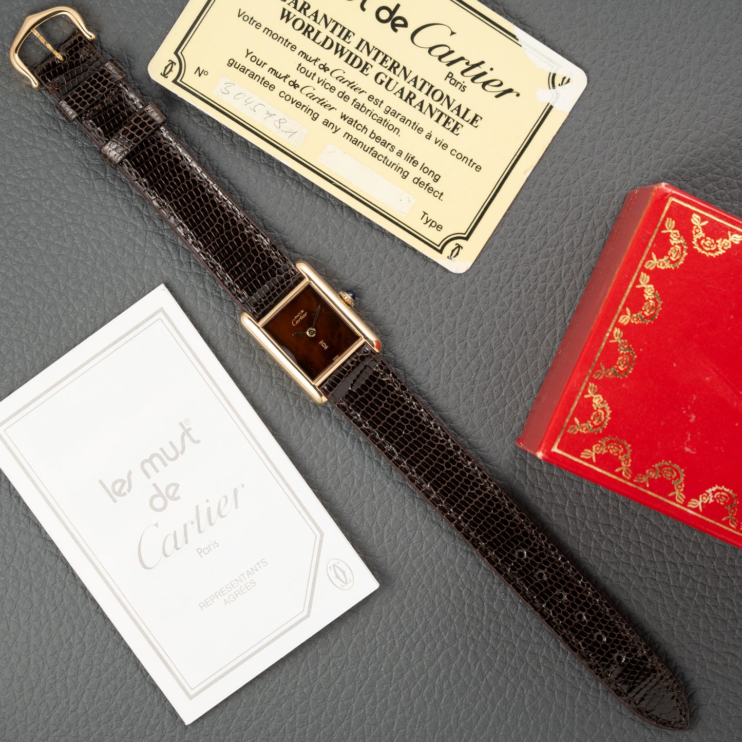 Cartier Tank Must de Vermeil 'Turtle Shell' Brown Wood Dial PM Full Set from 1978!