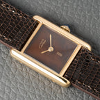 Cartier Tank Must de Vermeil 'Turtle Shell' Brown Wood Dial PM Full Set from 1978!