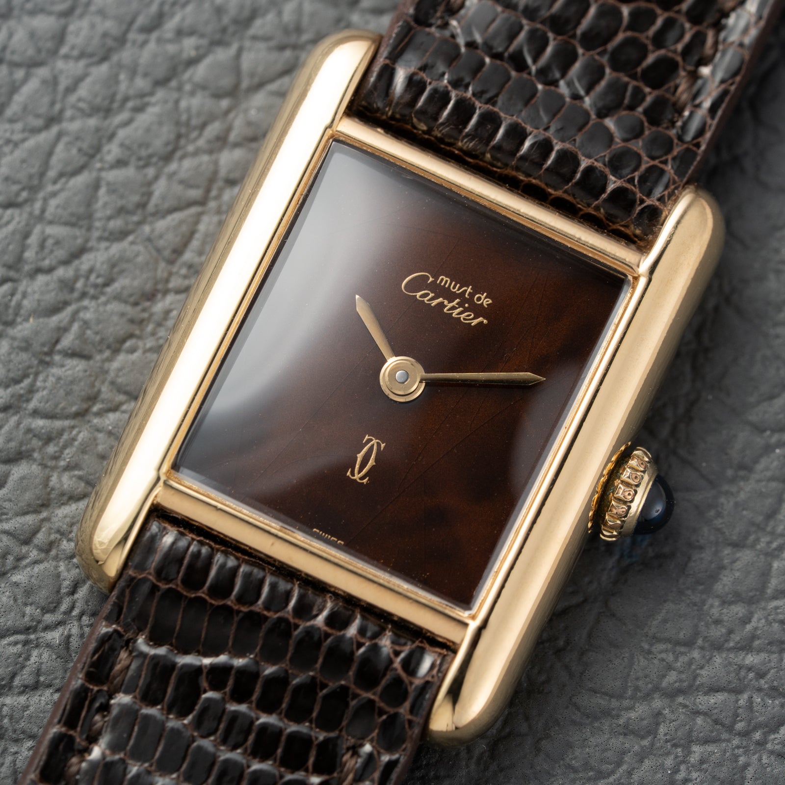 Cartier Tank Must de Vermeil 'Turtle Shell' Brown Wood Dial PM Full Set from 1978!