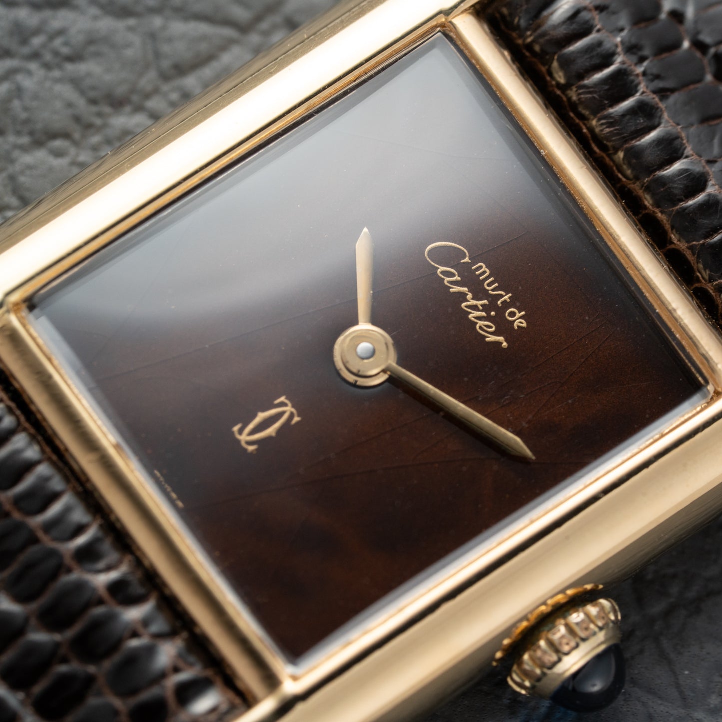Cartier Tank Must de Vermeil 'Turtle Shell' Brown Wood Dial PM Full Set from 1978!