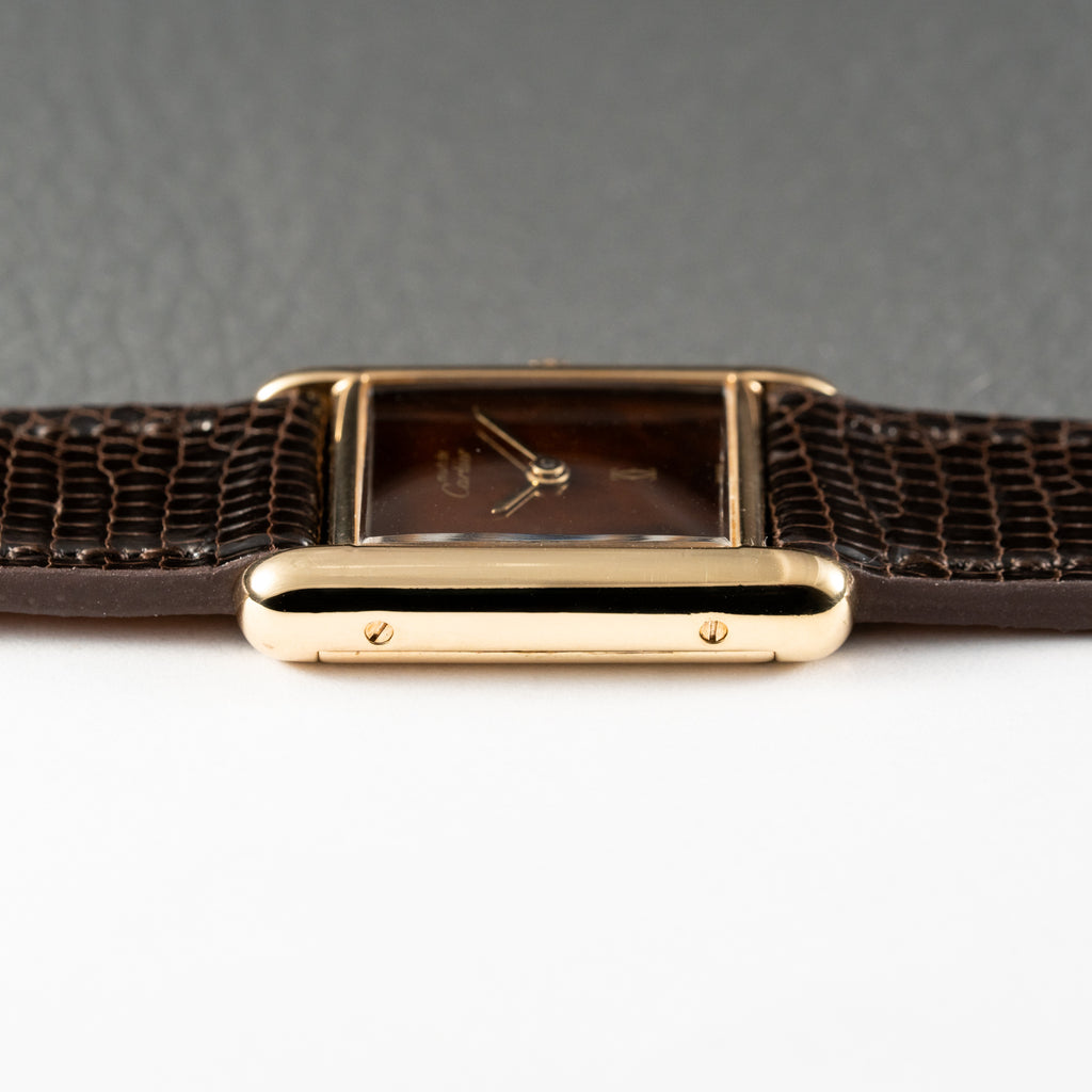 Cartier Tank Must de Vermeil 'Turtle Shell' Brown Wood Dial PM Full Set from 1978!