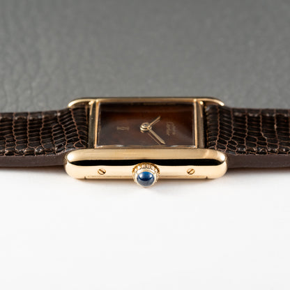 Cartier Tank Must de Vermeil 'Turtle Shell' Brown Wood Dial PM Full Set from 1978!