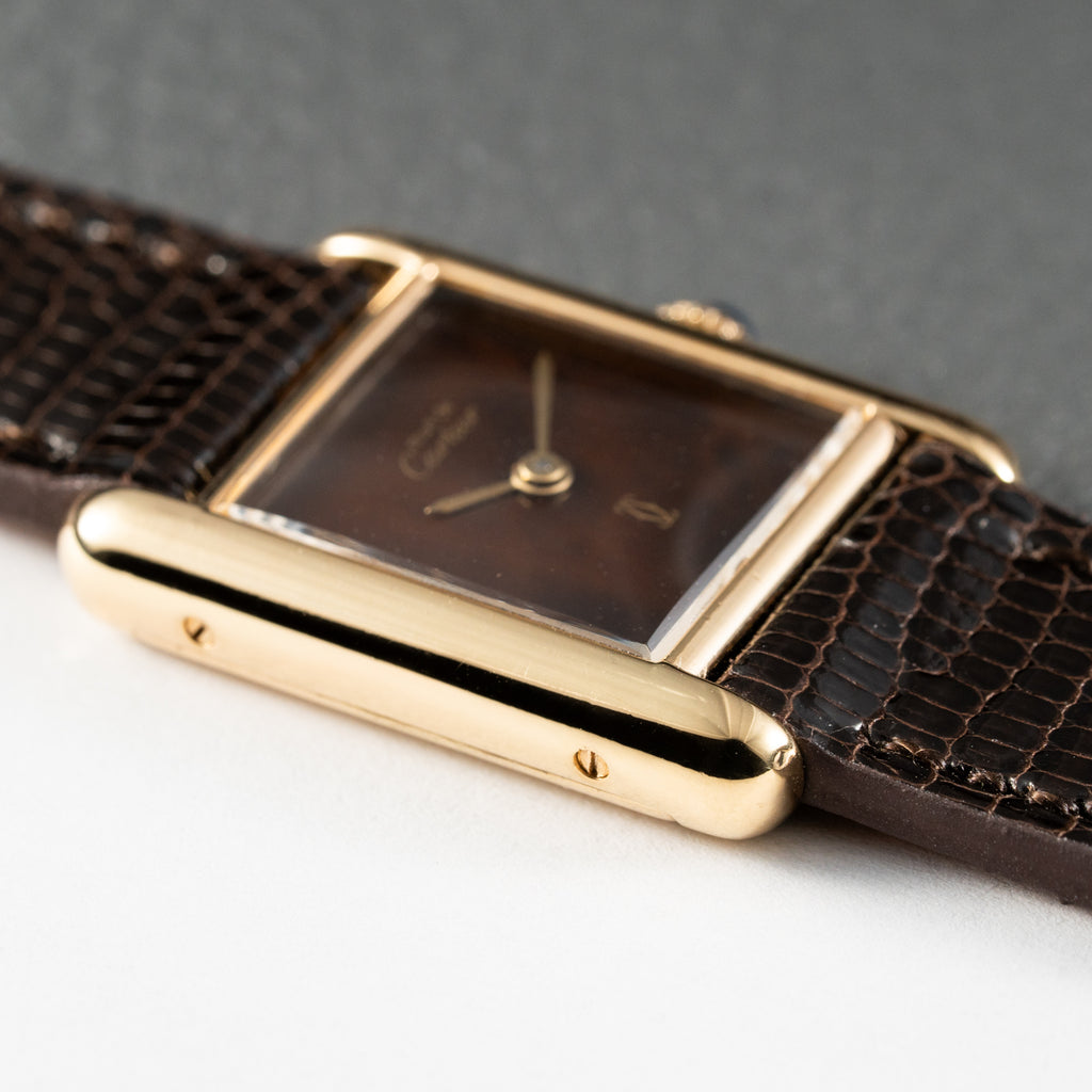 Cartier Tank Must de Vermeil 'Turtle Shell' Brown Wood Dial PM Full Set from 1978!