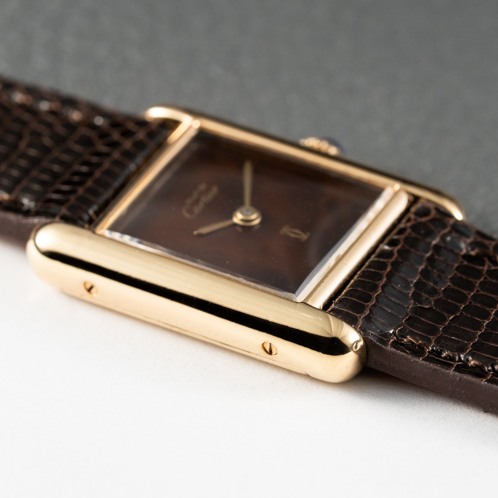Cartier Tank Must de Vermeil 'Turtle Shell' Brown Wood Dial PM Full Set from 1978!