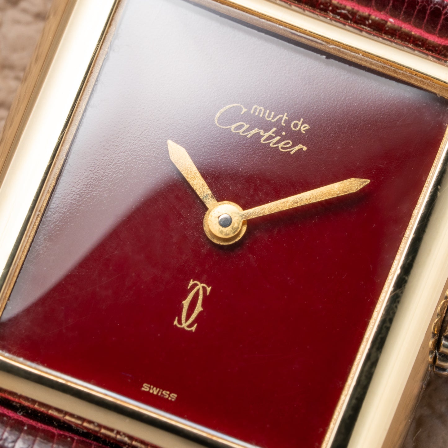 Cartier Must de Tank Vermeil Burgundy Red Dial PM 1980s