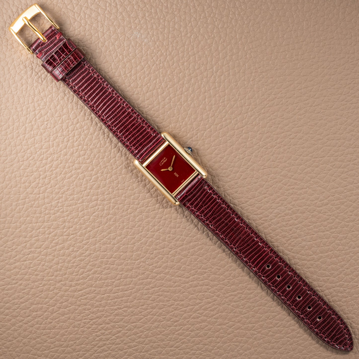 Cartier Must de Tank Vermeil Burgundy Red Dial PM 1980s