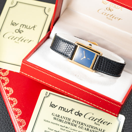 Cartier Tank Must de Blue Lapis Lazuli Dial Vermeil PM Full Set from 1982