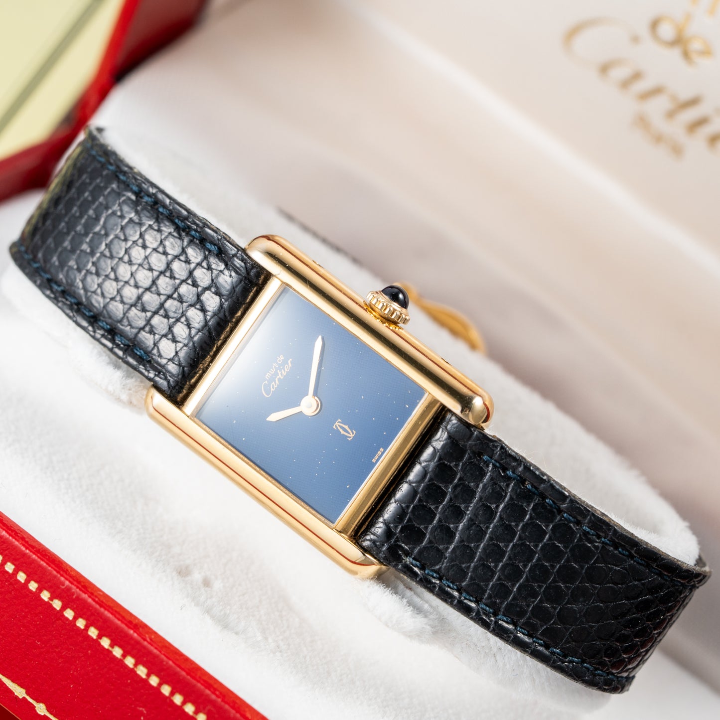 Cartier Tank Must de Blue Lapis Lazuli Dial Vermeil PM Full Set from 1982