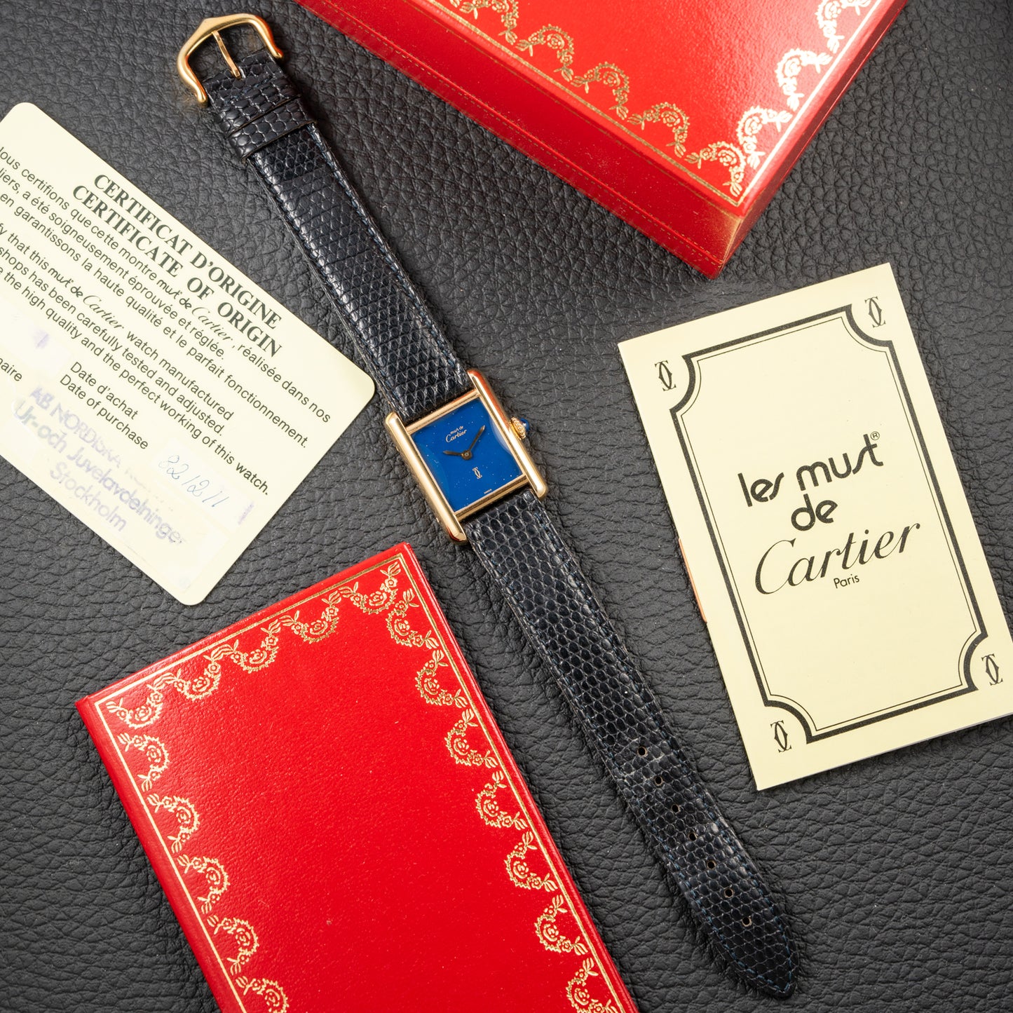 Cartier Tank Must de Blue Lapis Lazuli Dial Vermeil PM Full Set from 1982