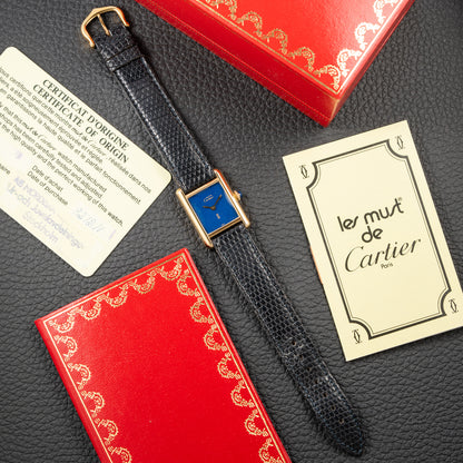 Cartier Tank Must de Blue Lapis Lazuli Dial Vermeil PM Full Set from 1982