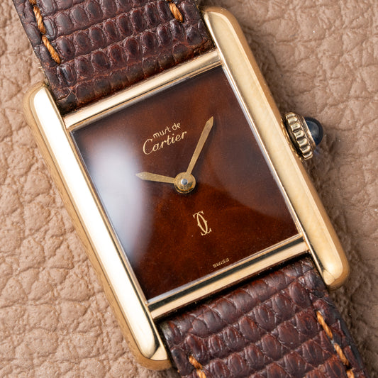 Cartier Tank Must de Vermeil ‘Turtle Shell’ Brown Wood Dial PM from 1980s