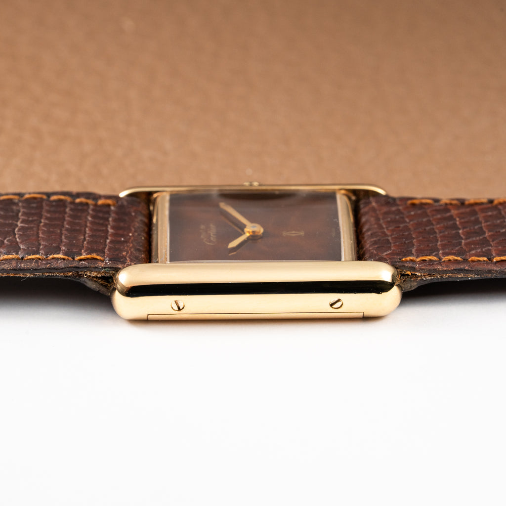Cartier Tank Must de Vermeil ‘Turtle Shell’ Brown Wood Dial PM from 1980s