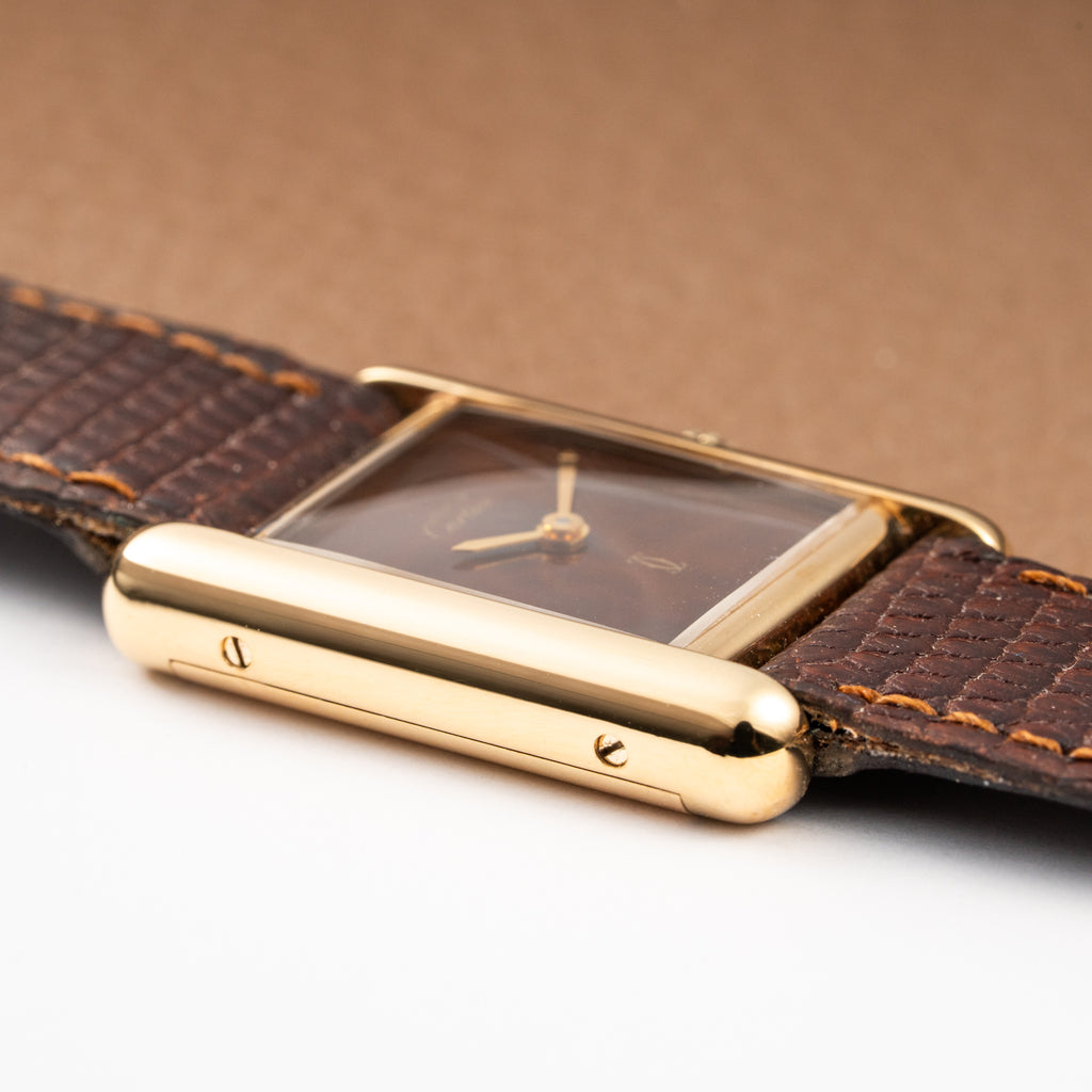 Cartier Tank Must de Vermeil ‘Turtle Shell’ Brown Wood Dial PM from 1980s