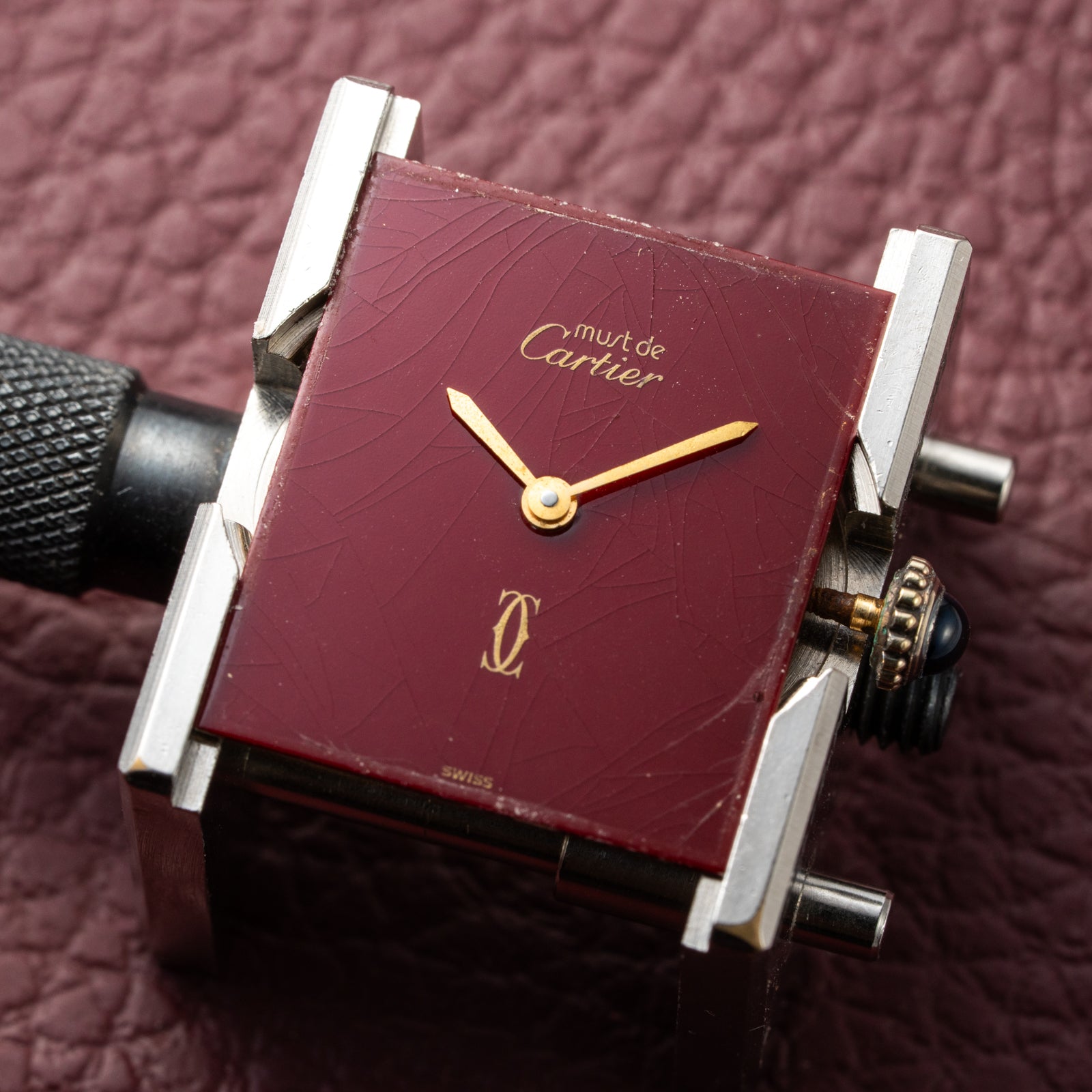 Cartier Must de Tank Vermeil Burgundy Red Dial GM 1980s