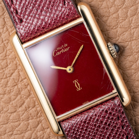 Cartier Must de Tank Vermeil Burgundy Red Dial GM 1980s
