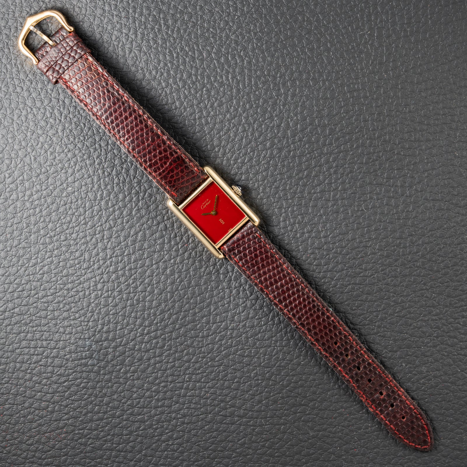 Cartier Must de Tank Vermeil Burgundy Red Dial PM 1980s